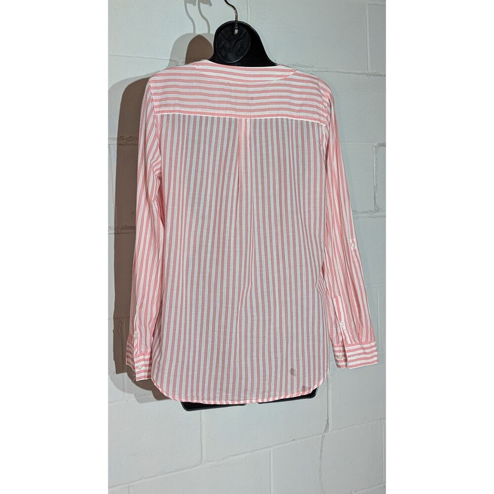 Talbots Striped Blouse Pink White Lace-Up Neck Button Tab Long Sleeve Top Medium - Picture 4 of 5